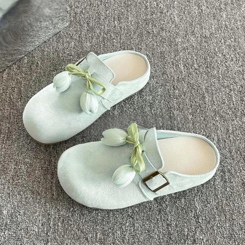 

Женские летние новые туфли-балетки с круглым носком, глубоким вырезом, бантом и цветком, нескользящие, износостойкие, на платформе, с закрытым носком, полушлепанцы Zapatos Mujer 40 светло-зеленый