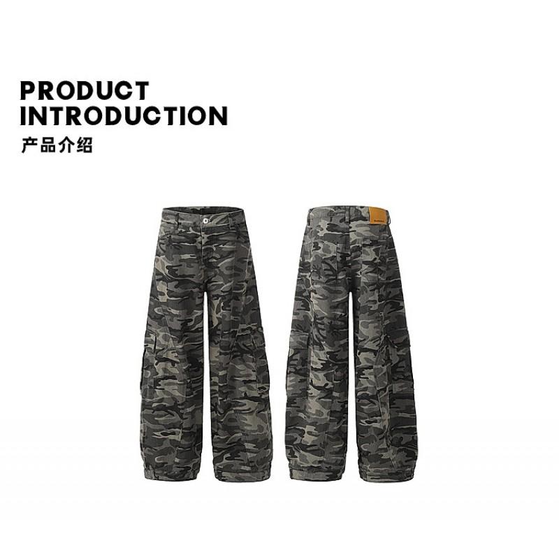Camouflage Cargo Wide Leg Pants Men Women Loose Fit Streetwear Straight Cut Casual Trousers