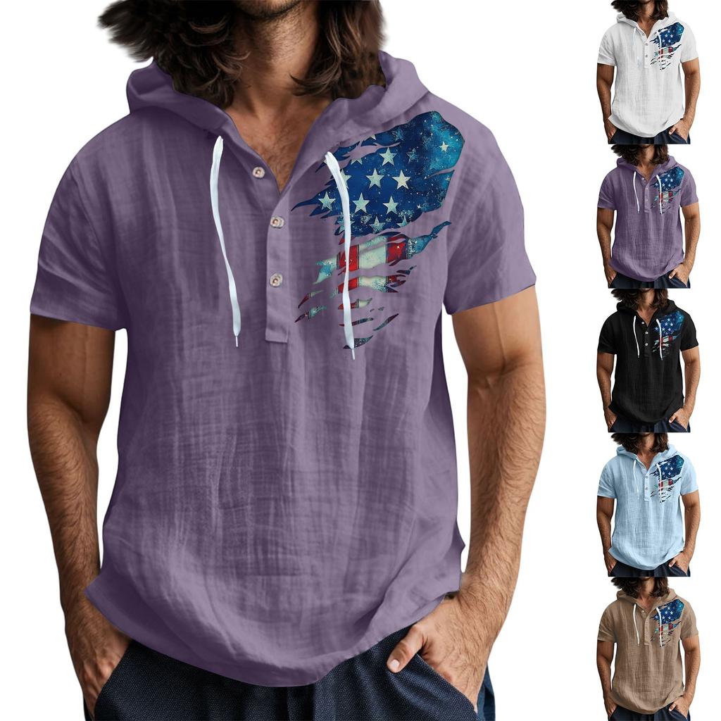 Men'S Casual Short Sleeved Hooded Top Buttoned Open Neck T-Shirt