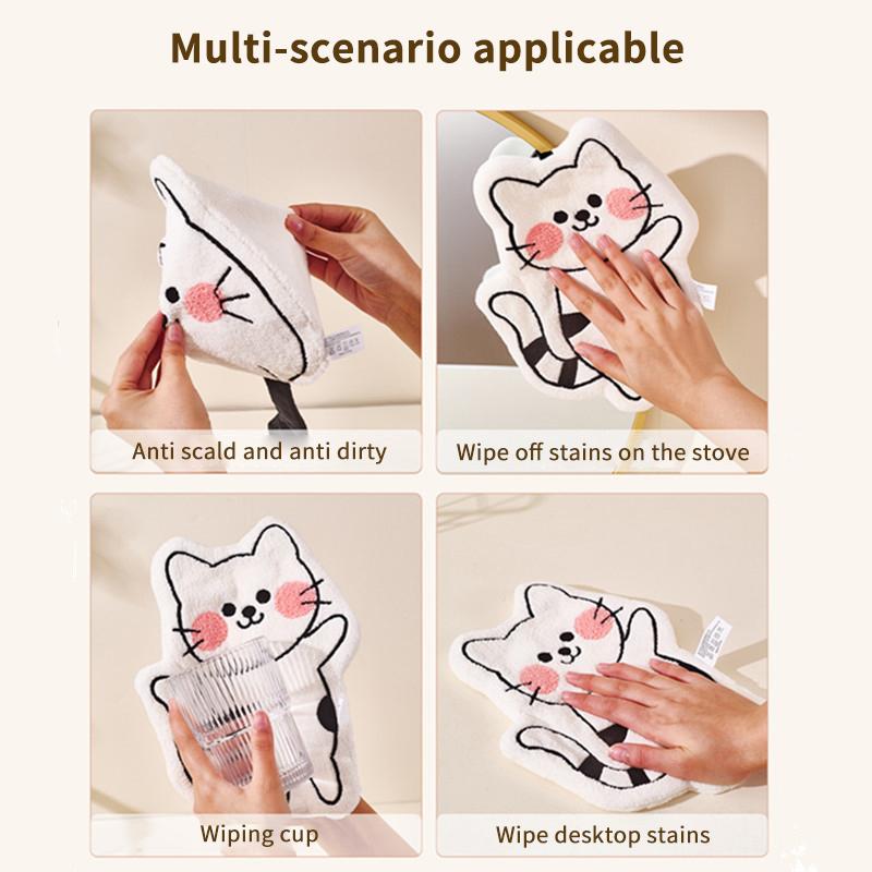 1Pcs Cute Cat Coral Fleece Hanging Towel Kitchen Hand Towel Bathroom Soft Absorbent Handkerchief Wipe Towel Cartoon Kids Towels