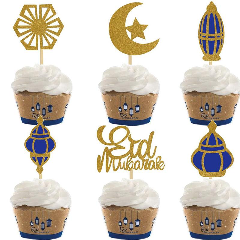 12/24pcs Eid Mubarak Cupcake Topper Ramadan Islam Muslim Festival Moon star Cake Topper Party DIY Cake Decoration Supplies