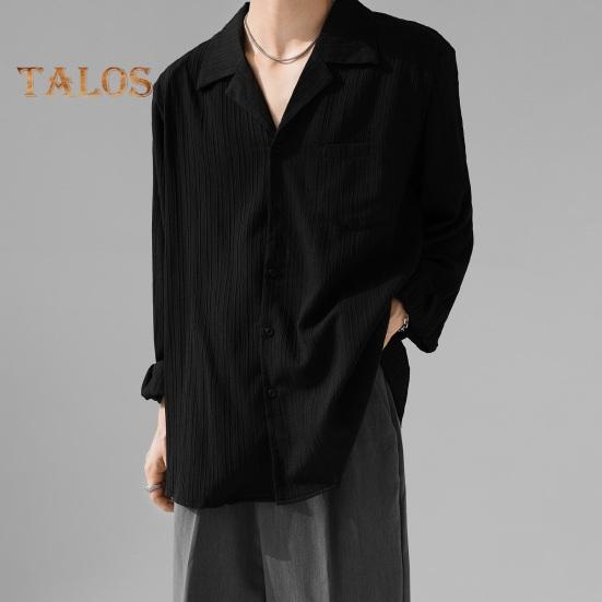 Pánská košile s kubánským límcem, dlouhý rukáv, pruhovaná, texturovaná, na knoflíky, volný střih, jednobarevná, ležérní košile pro každodenní nošení, dovolenou, práci