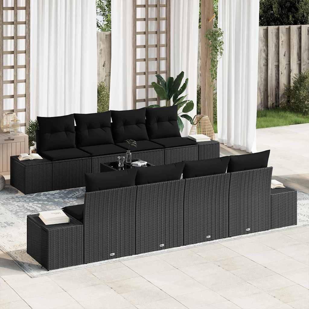 7 Piece Sofa Set with Cushions Black Poly Rattan