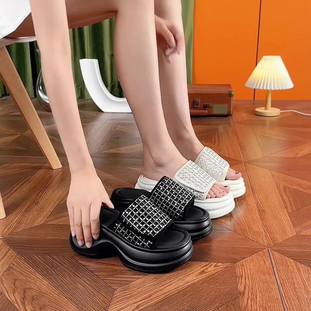Fashion 8CM Summer High Heels for Women Leisure Fashion Slippers Female Wedges Platform Shiny Rhinestone Slides Ladies Shoes Tide