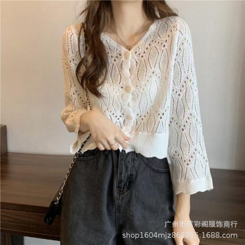 Summer Thin Knitted Sweater Women's Embroidered Hollow Long-sleeved Beach Clothes Women's Top Lace-up Jacket Versatile