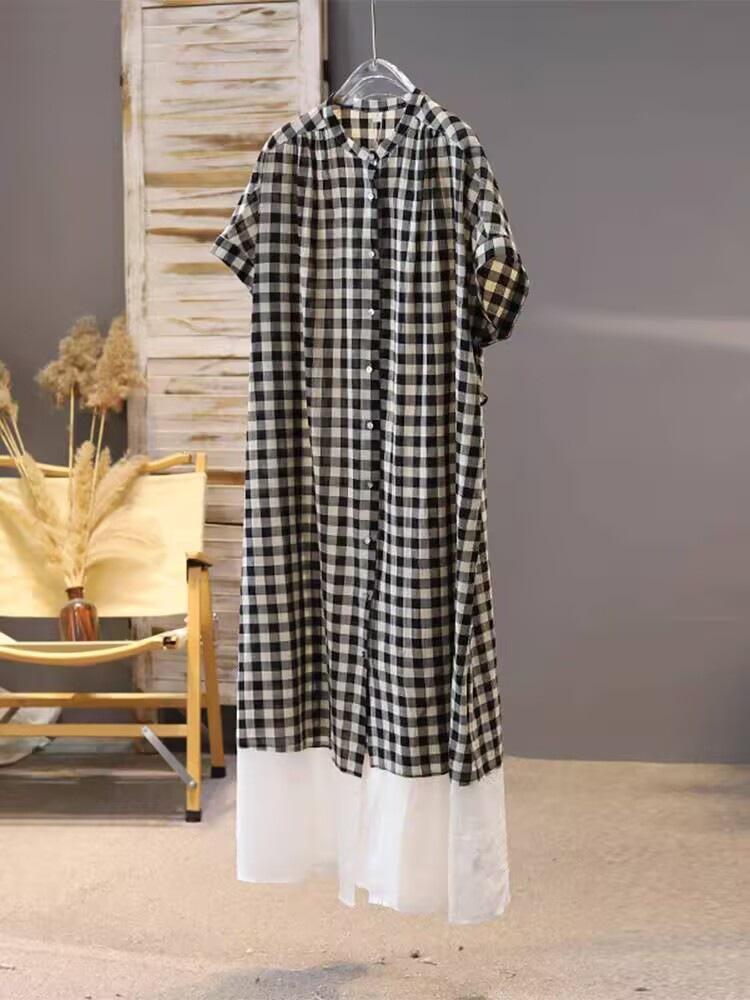 Plaid round neck splicing cotton and linen dress women's 2025 summer new casual loose style short-sleeved medium and long dress