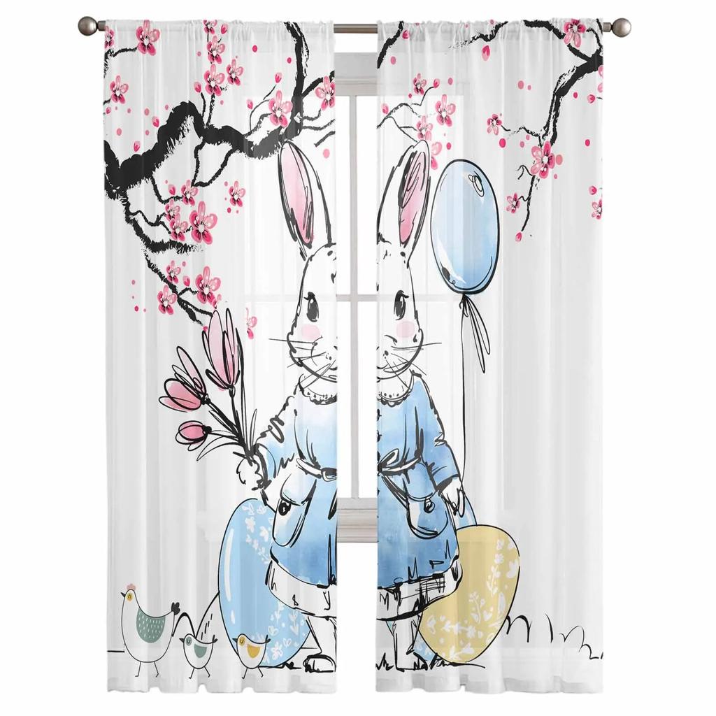Easter Peach Tree Bunny Eggs Tulle Curtains For Living Room Sheer Curtain For Bedroom Kitchen Blinds Voile Curtains