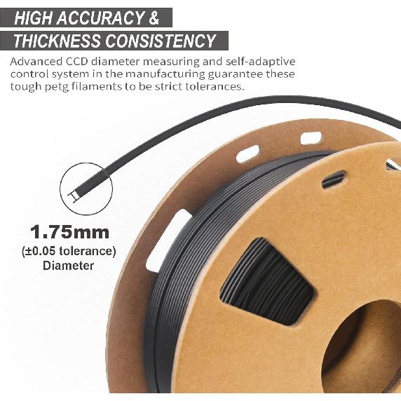 Petg Filament 1.75,Matte Black Petg Vacuum Sealed,Adhere Well 1kg Carton Spool Matte 3D Printer Filament,Dimensional Accuracy 1.75mm ±0.02mm,Print