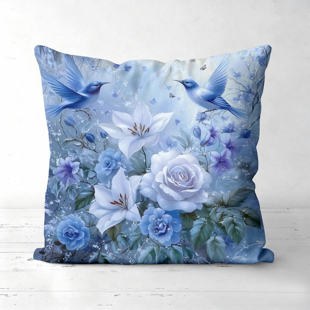 Blue Floral And Bird Pattern Decorative Cushion Covers Polyester Pillowcase, Sofa Decorative Cushion Cov Headboard Pillow