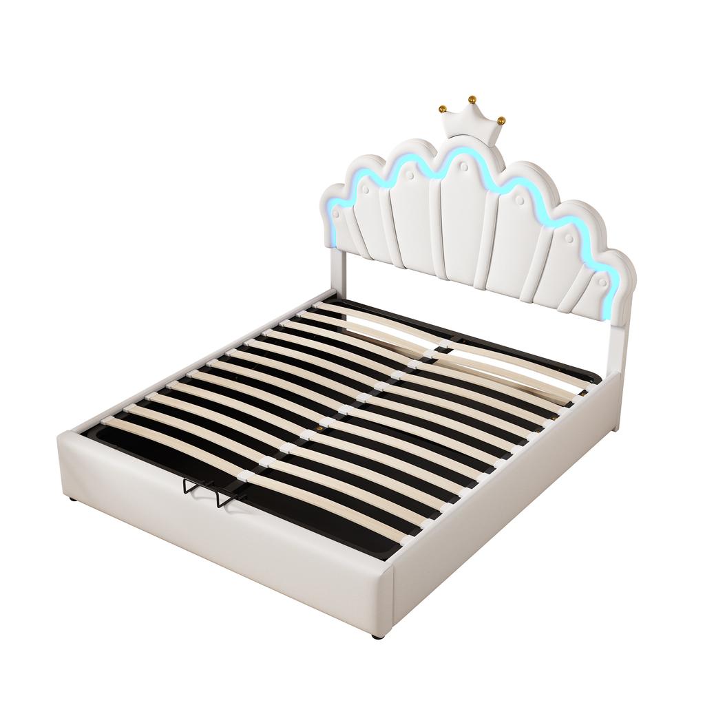 140*200cm Letto Piatto, Letto Imbottito, Letto da Principessa, Illuminazione d'Ambiente Regolabile, Striscia con Corona, Bianco