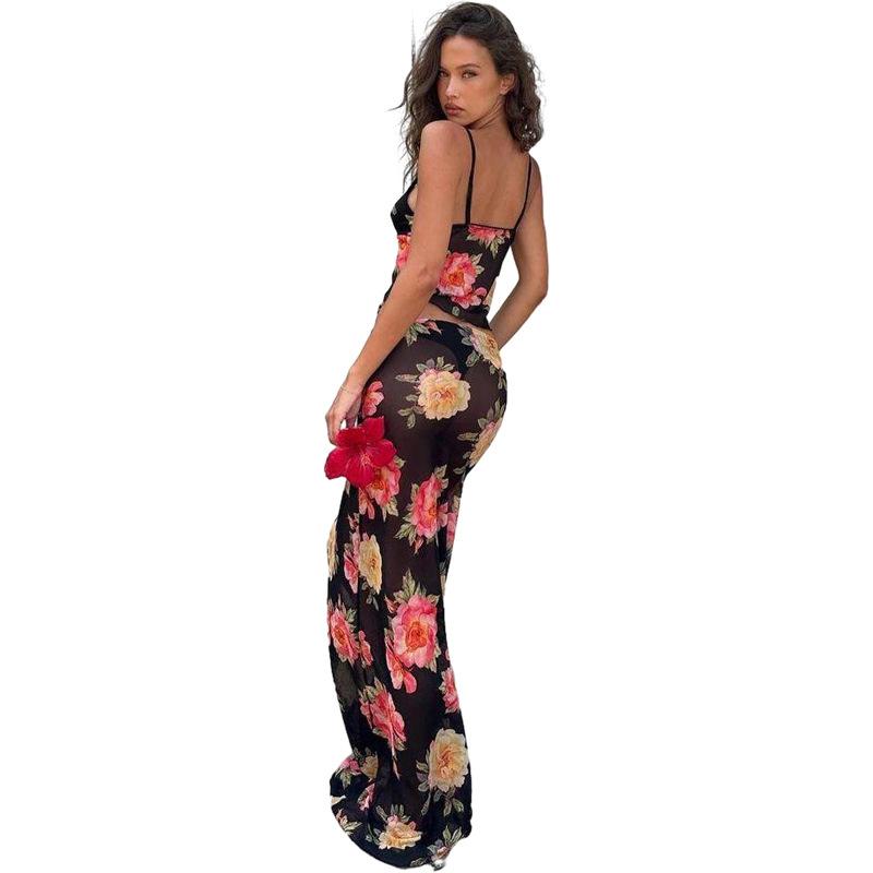 Spring New Women's Fashion Printed Camisole Small Vest See-through Slim Skirt Suit for Women
