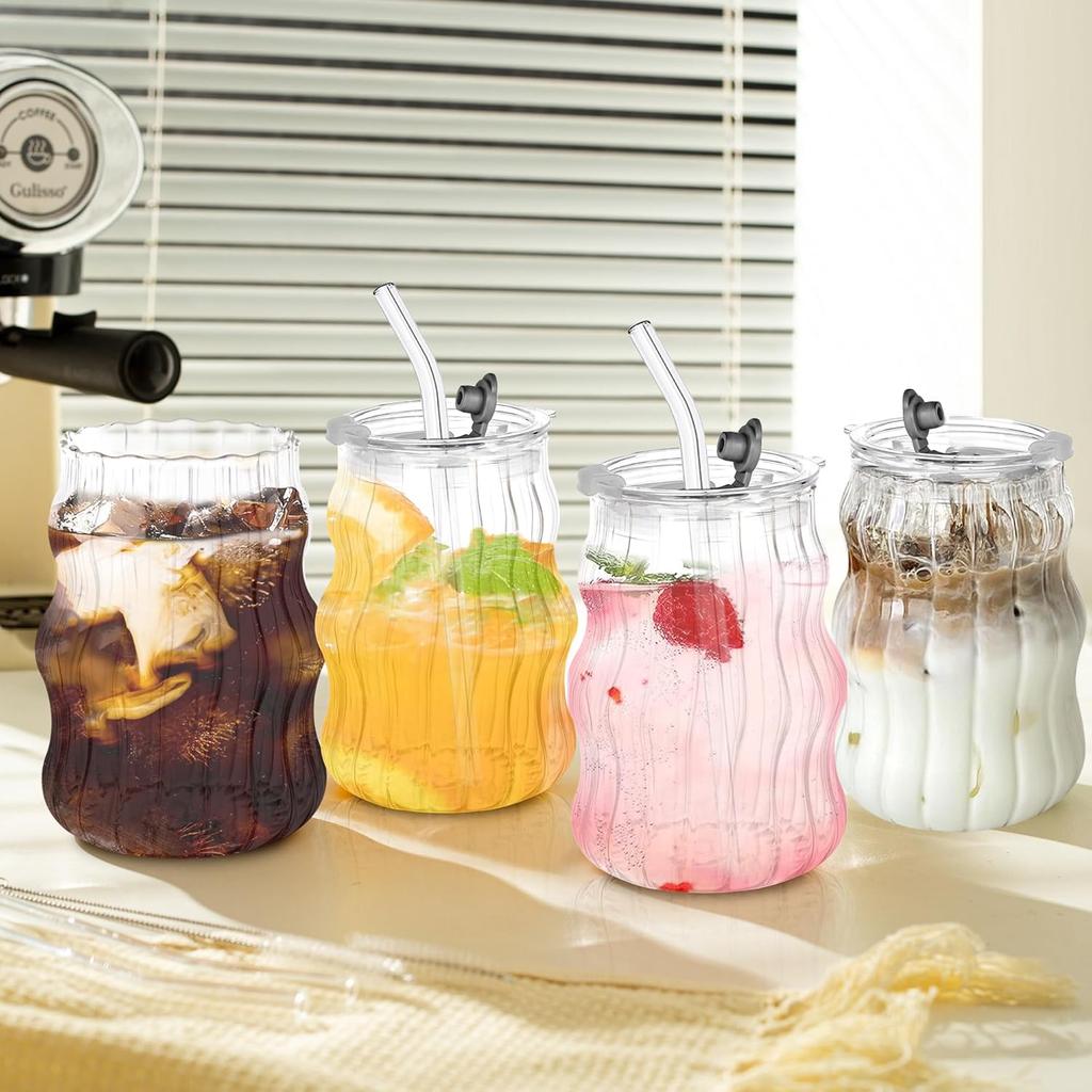 KEMORELA 4PCS Ribbed Glass Cups with Lids & Straws – 18oz Vintage Wavy Glass Coffee Cups, Bubble Glass Aesthetic for Iced Coffee, Clear Ribbed