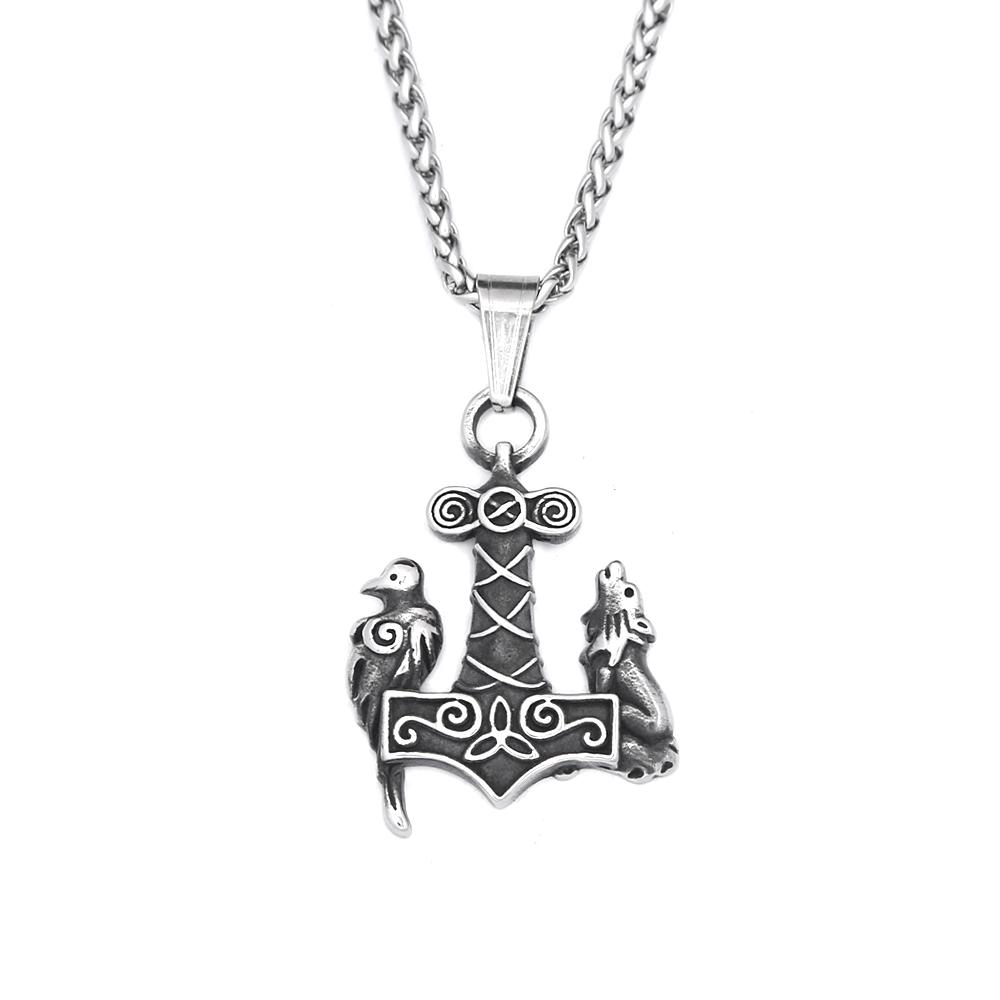 Vintage  Viking Thors Hammer Pendant With Wolf And Raven Necklace For Men Stainless Steel Nordic Amulet Jewelry