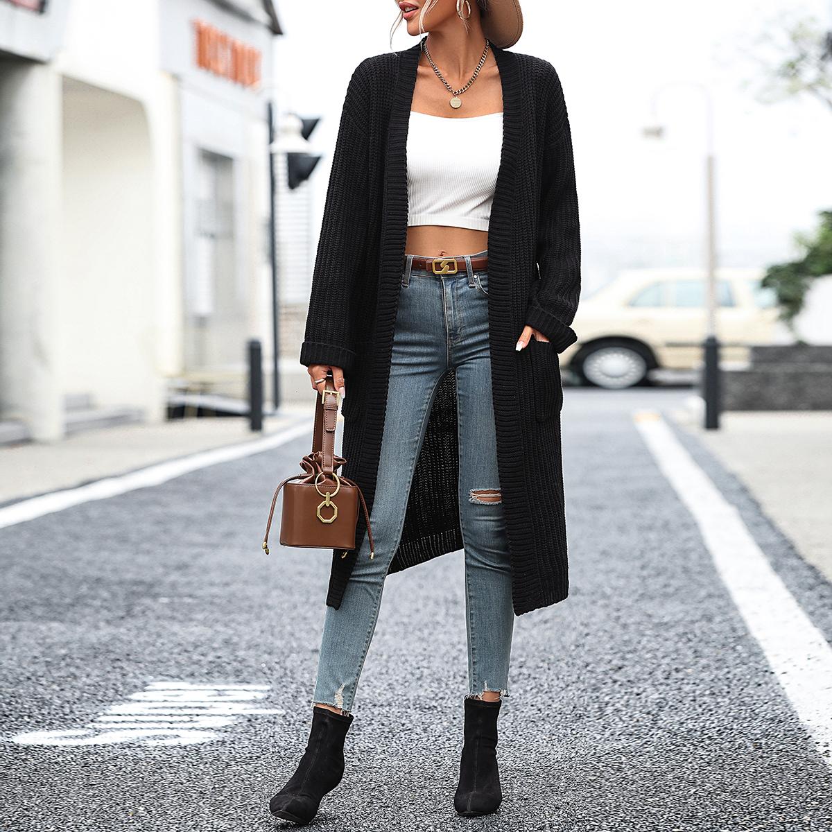 

GMXIA женские винтажные повседневные однотонные куртки и пальто с длинными рукавами с принтом на осень и зиму, свитер, пальто XL чёрный