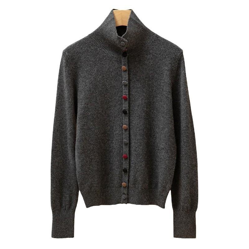 

Модный кардиган с воротником-стойкой и цветными пуговицами в корейском стиле для женщин, минималистичный вязаный свитер для поездок на работу, осенне-зимний кардиган XL