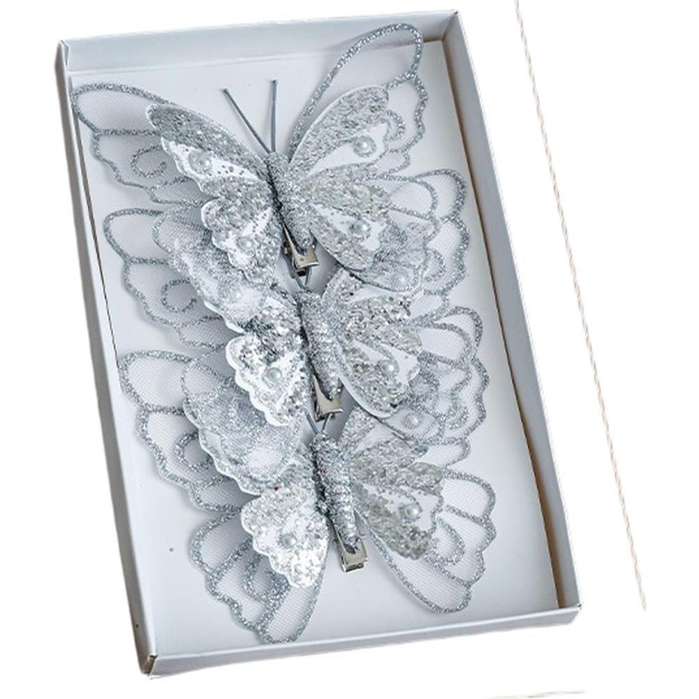 3PCS Simulated Glitter Butterfly Ornament Clips Designed for Christmas Tree Decoration and Holiday Arrangements