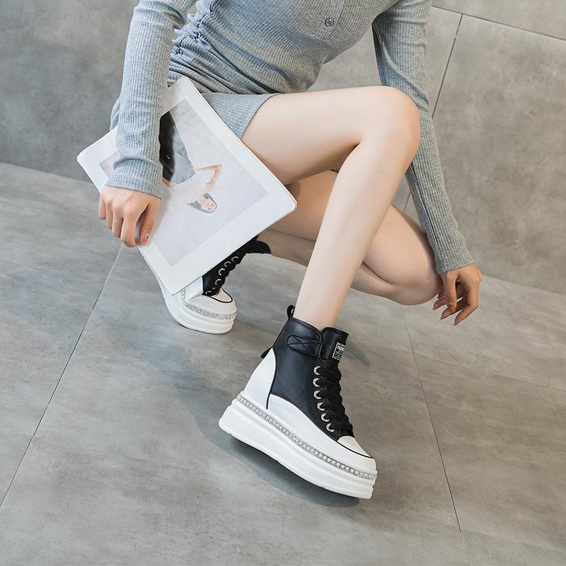 Board shoes women's leather 2025 autumn new muffin women's shoes versatile high-top thick-soled inner height-increasing women's shoes casual single s