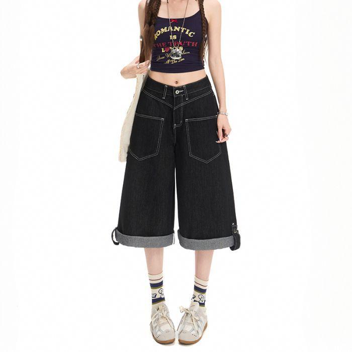 Trendy Summer Oversized Raw Black Denim Cropped Capri Shorts For Women Casual Wide Leg Loose Fit Versatile Slimming FigureFlattering Daily Wear