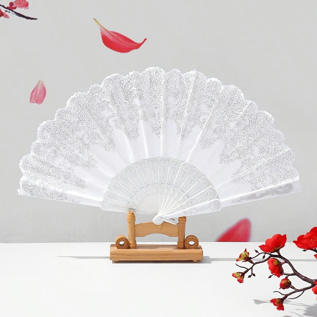 Abanico de Mano Plegable de Encaje Blanco, Abanico Vintage con Decoración de Flor Plateada, Adorno Portátil para Boda y Baile