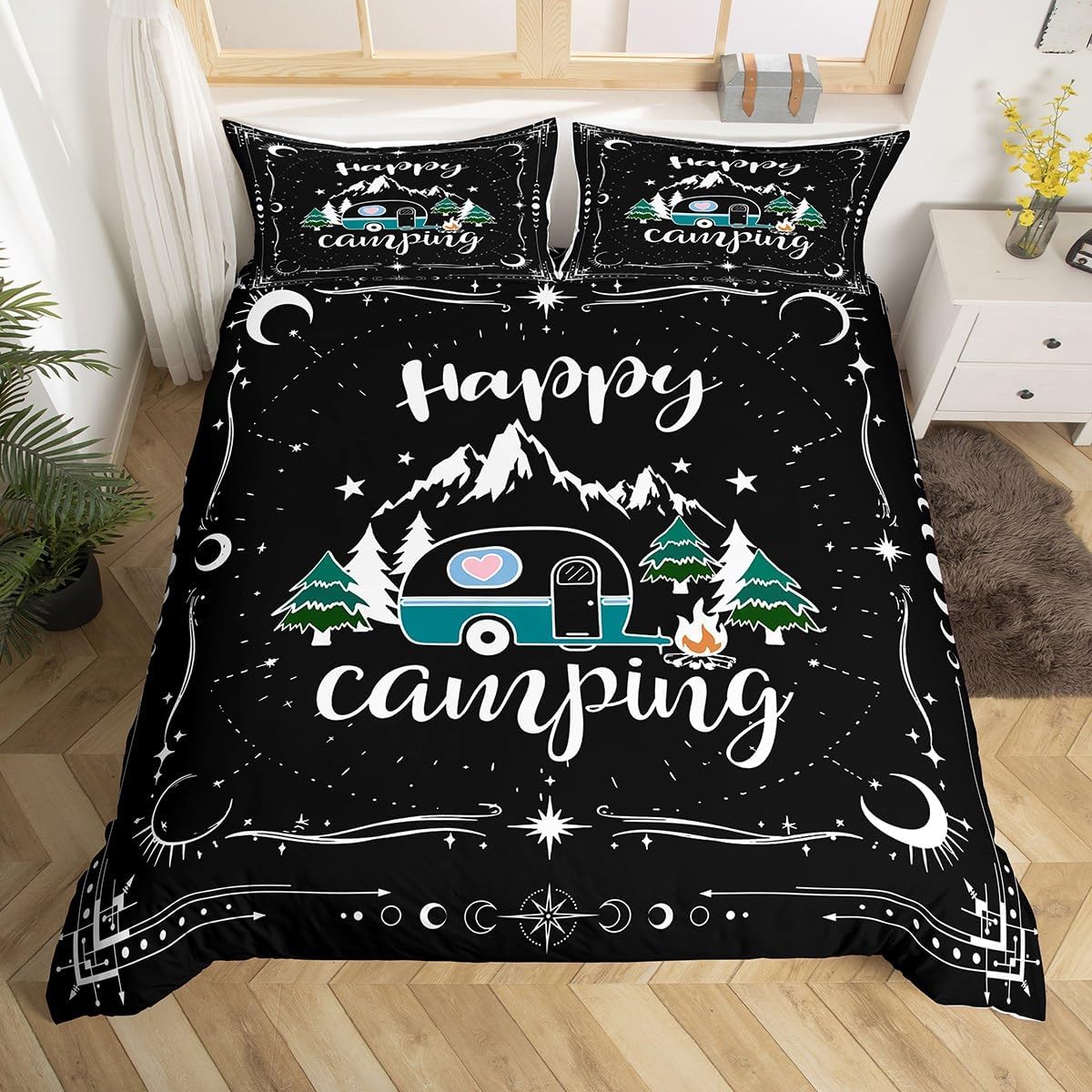 

Camper Duvet Cover Farmhouse Style Happy Camping Bedding Set Colorful Striped Comforter Cover Polyester Rustic Cabin Quilt Cover EU Single(135x200cm)