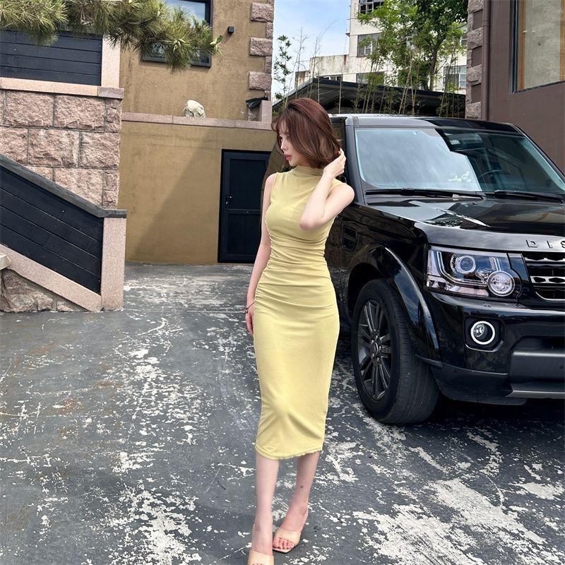 

Платье-жилет без рукавов с полуворотником-стойкой, женская одежда, летнее платье, приталенное по талии, плиссированное облегающее платье, темпераментная юбка миди Yellow S