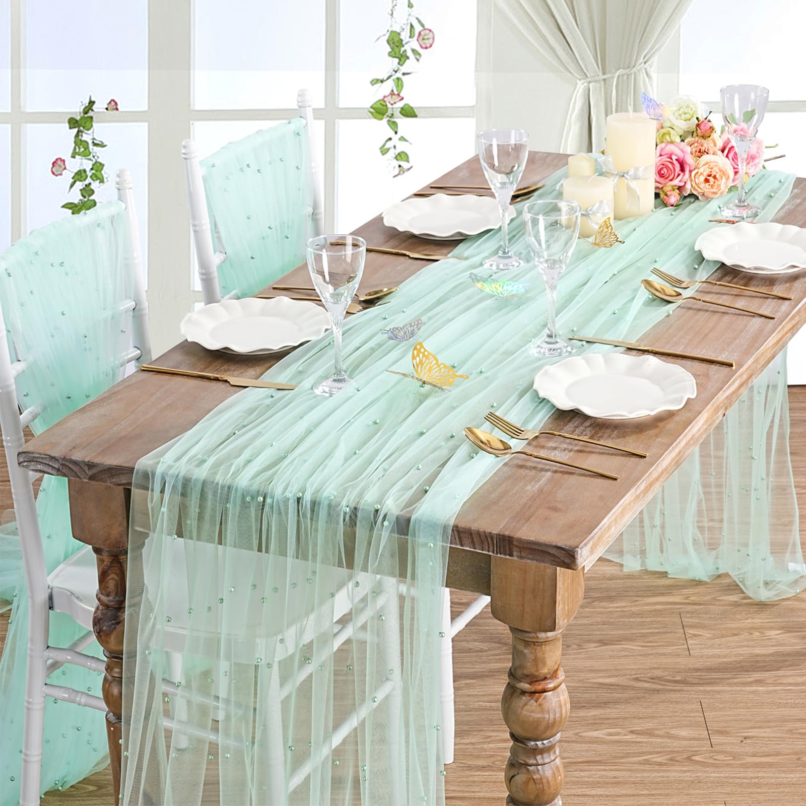 

Pearl Table Runner, Pearl Tablecloth, Tulle Table Runner Chiffon Fabric for Wedding Decor, Birthday Party Dining Table Cover 75x200cm світло-зелений колір