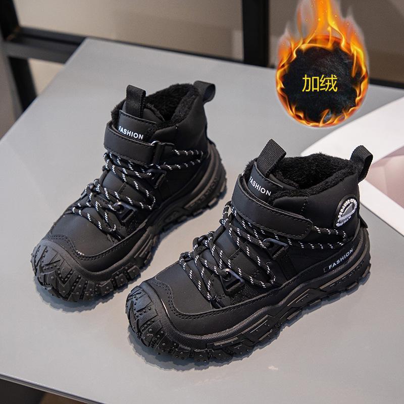 Children's Shoes with Fleece Lining, Mid-Top Sports Shoes, Winter New Style, Girls' Soft Sole, Double Cotton Casual Shoes, Boys' Running Shoes