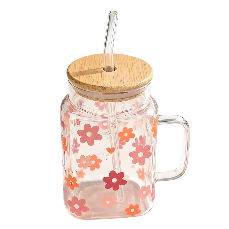 Premium Glass Tumblers With Ergonomic Handle And Straw Wooden Lid For Hot and Cold Drink Juice Coffee Tea Drinking Mug