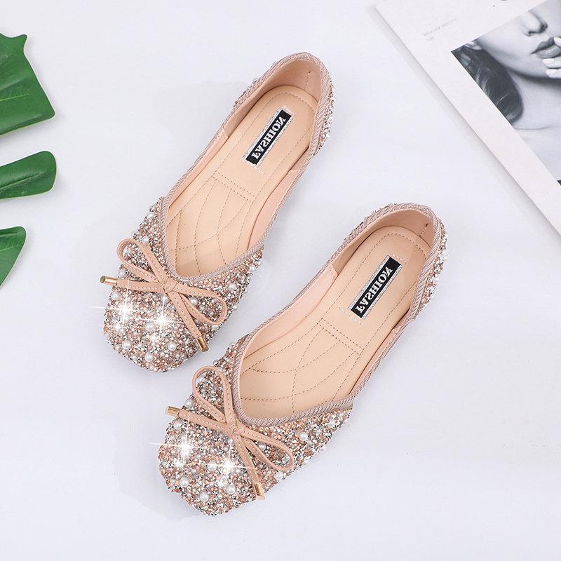 Fashion Summer Glitter crystal pearl Sandals women Elegant square toe Mary Jane shoes Sweet Bow Soft Sole ballet shoes women Single Shoe