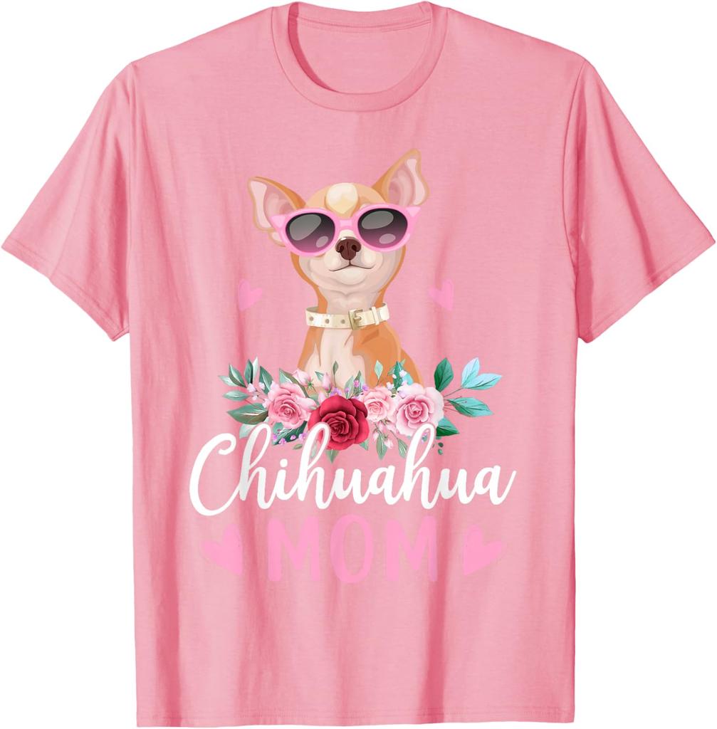 Chihuahua Mom Sunglasses Flower Graphic T-Shirt Cute Dog Lover Casual Crewneck Tee