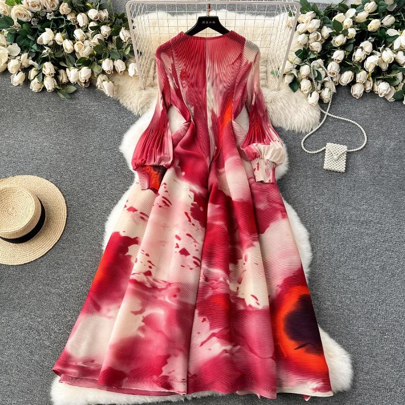 Französisches Kleid für Damen, leicht, luxuriös, schweres Plissee, schmal, langes Design, Swoosh-Druck