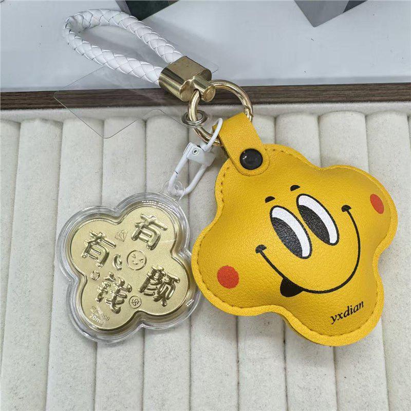 999 Pure Gold Four-Leaf Clover Smiley Face Flower Keychain & Phone Charm Includes Gold