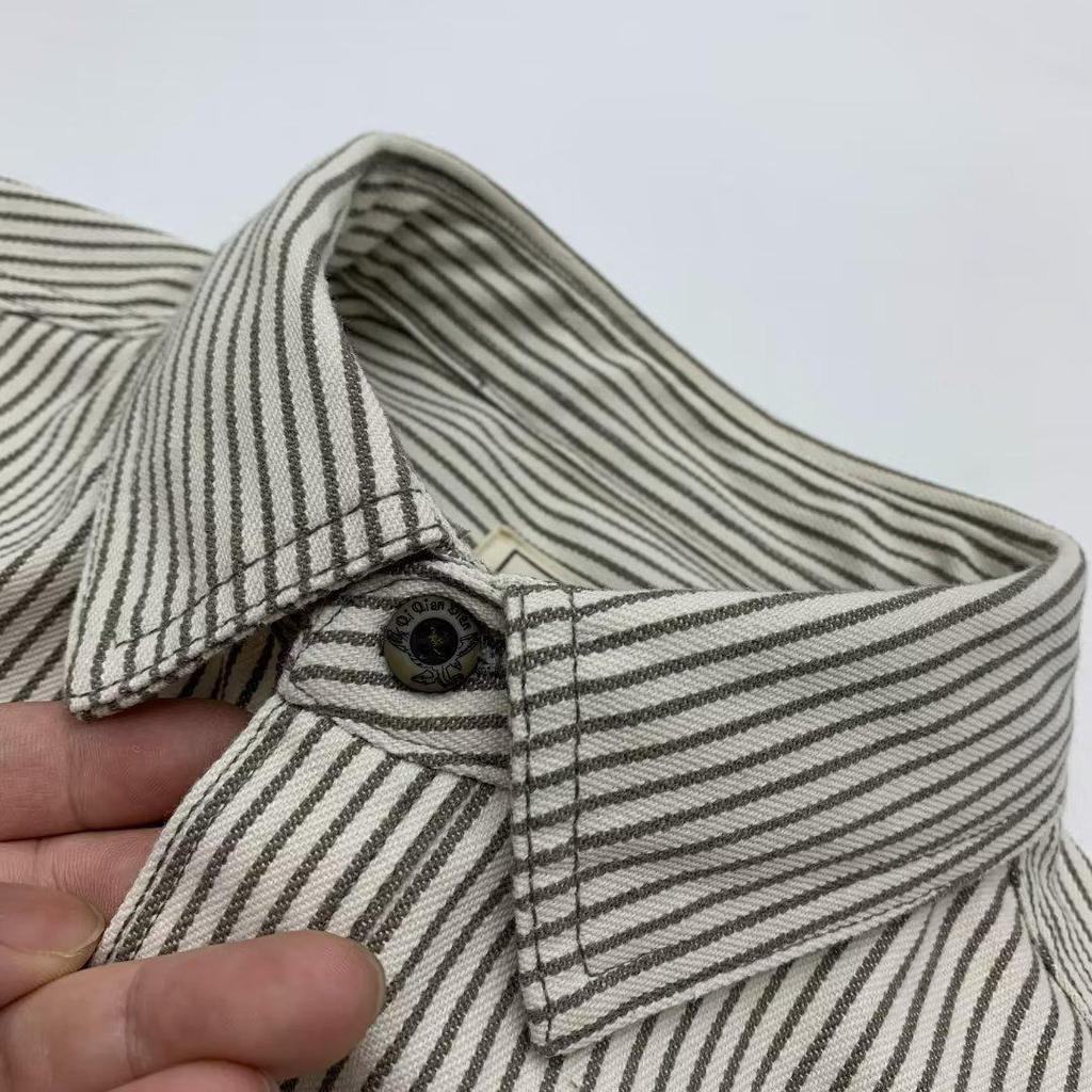 Unisex Retro Japanese Khaki Striped Long-Sleeve Shirt