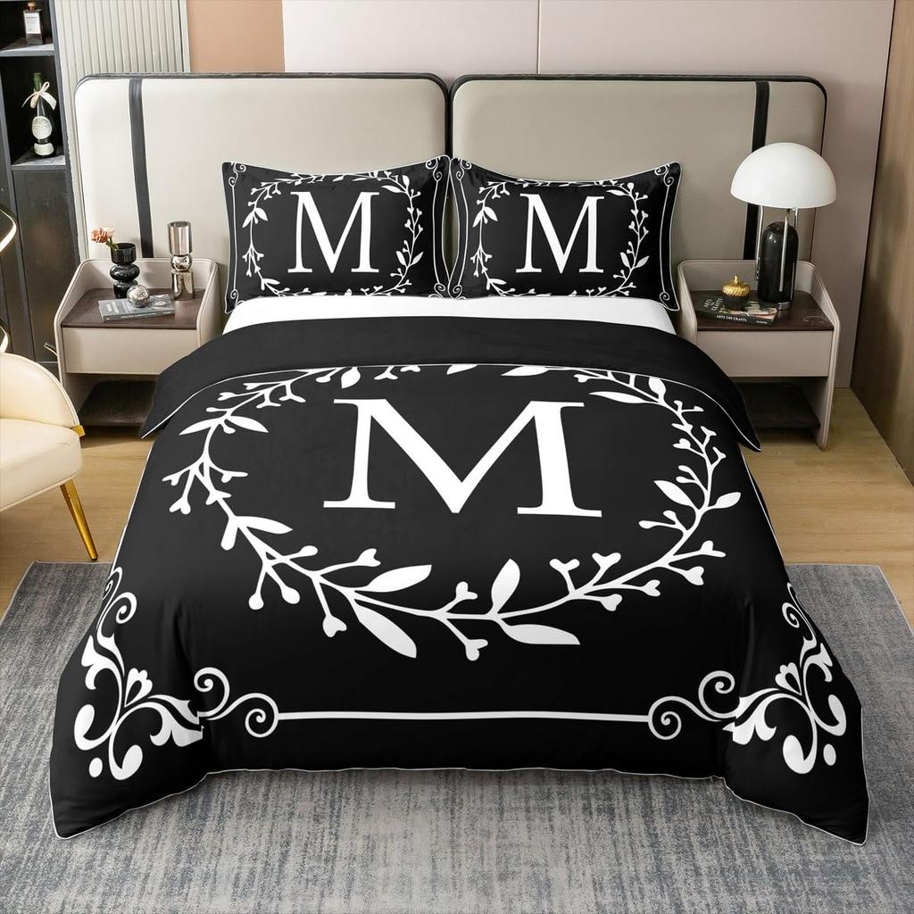 Initial Letter Z Twin Queen Duvet Cover Black And White Bedding Set Boho Floral Leaves Comforter Cover Gifts For Adult Girls