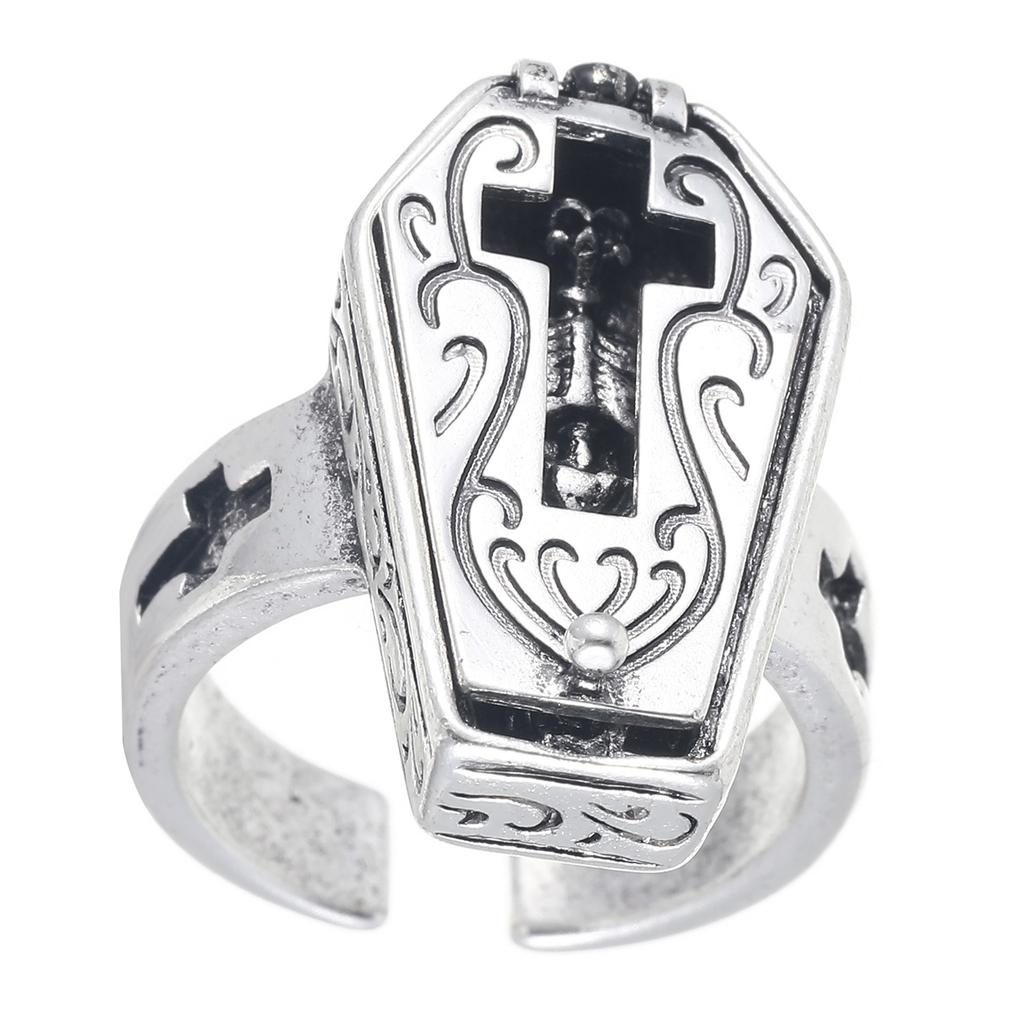 Hochwertige Sargkreuzringe. Verstellbarer Ring mit gotischem Totenkopf-Sargkreuz für Liebhaber einzigartigen Stils und Mode
