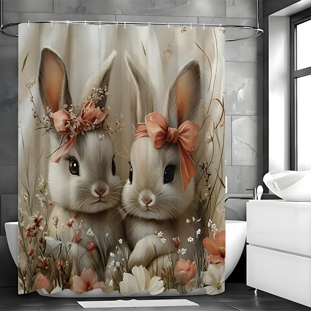 Easter Shower Curtain Bunny Easter Eggs Floral Bow Spring Holiday Bunny Bathroom Decor Polyester Shower Curtain Waterproof Showe