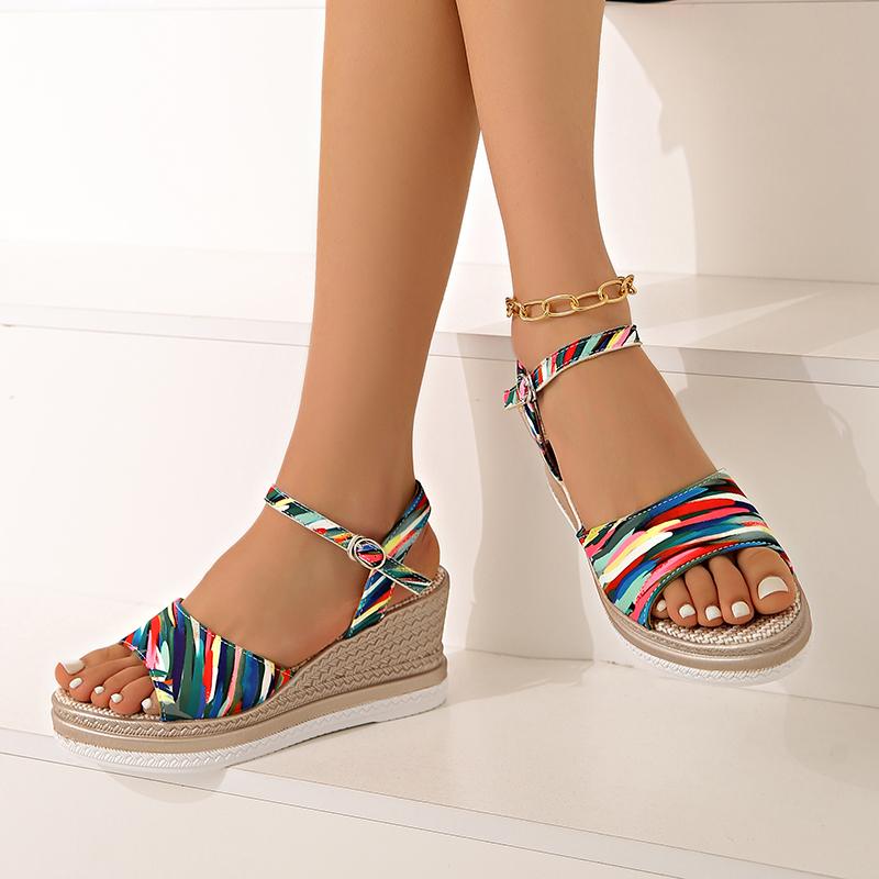 Mode 2025 Sommer Leopardenmuster Keilsandalen Damen Übergröße Knöchelschnalle Plateau Sandalen Frau Leichtgewichtige Klobige Ferse Sandalias