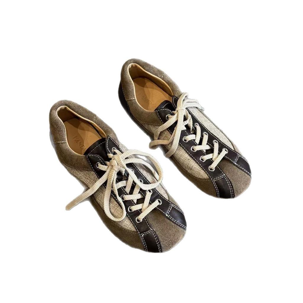 Sheepskin version~ 2025 new retro casual color matching sports flat-bottomed Forrest Gump shoes round head lace-up German training shoes women's