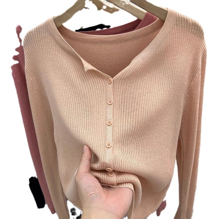 Nowa Wiosenna Bluzka z Długim Rękawem Miękka i Miękka Warstwa Bazowa w Stylu Koreańskim dla Kobiet Noszących Dzianinowe Kardigany, Krótki Sweter i Cienki Płaszcz