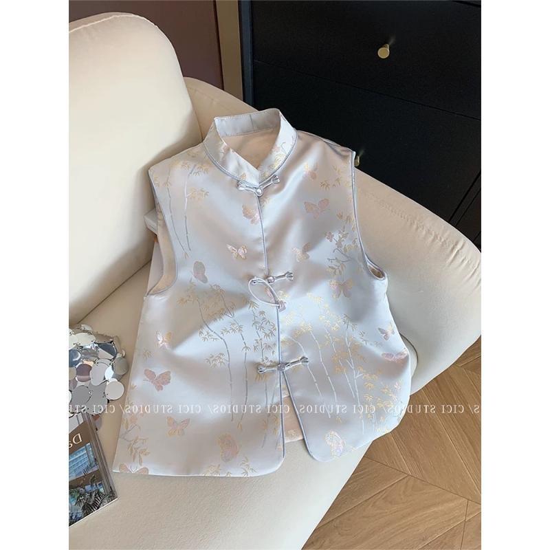 

Жаккардовый атласный жилет со стойкой и застежкой-диском для женского весеннего сезона 2025 года, новый высококлассный топ без рукавов 3XL (recommended 138-75 kg) белого золота