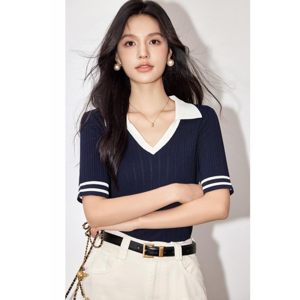 Ženy Pletené zboží 2024 Léto Novinka POLO Výstřih do V Límec Kontrastní Barva Krátký rukáv Pletený svetr Tenký Krátký Top