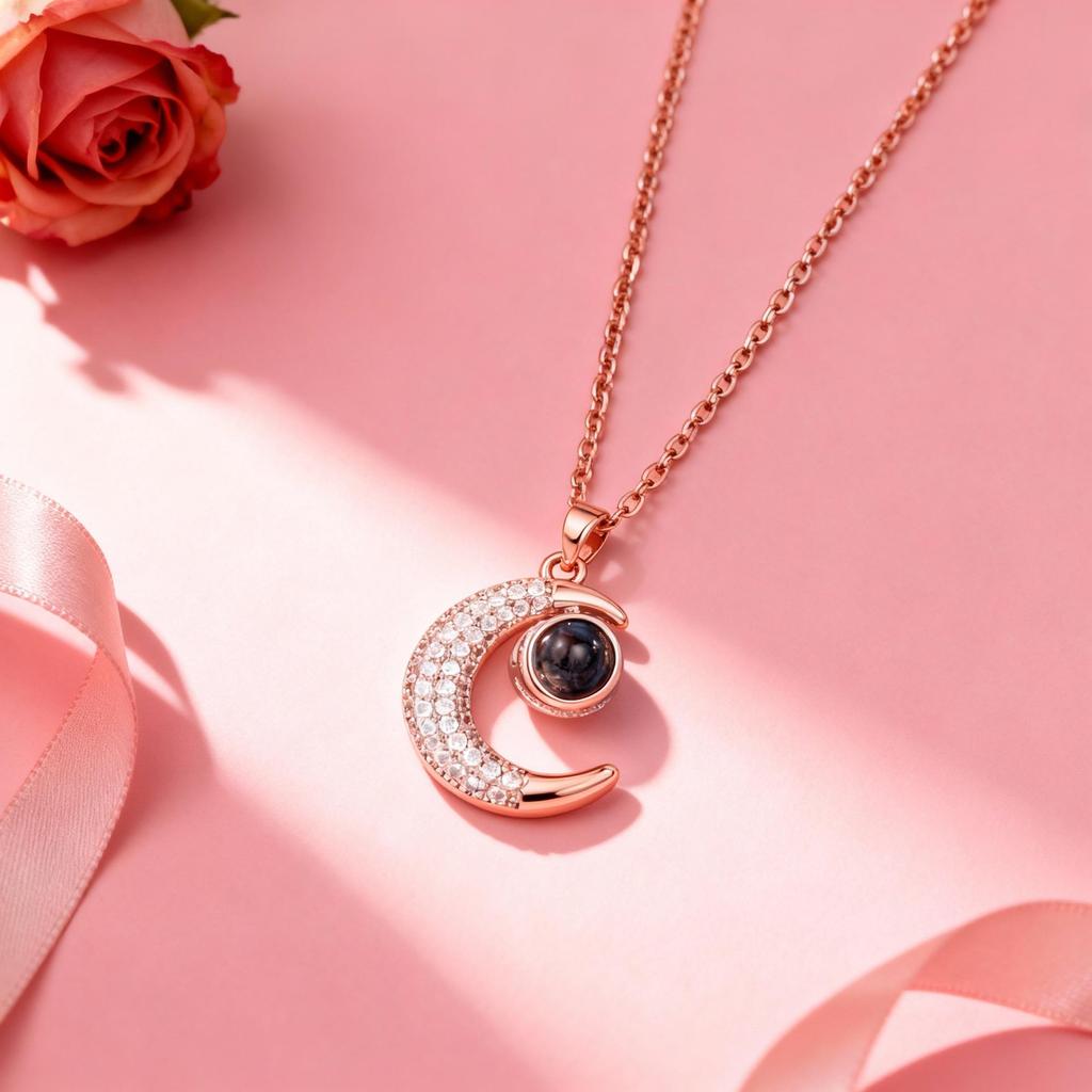 100 Languages Projection Moon Pendant Necklace in Gold-Plated Titanium Steel