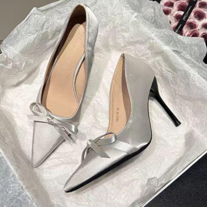 Spring New Thin Heel Single Shoes Pointed Head Shallow Mouth Butterfly Knot Set Foot Anti-slip Wear-resistant High Heels