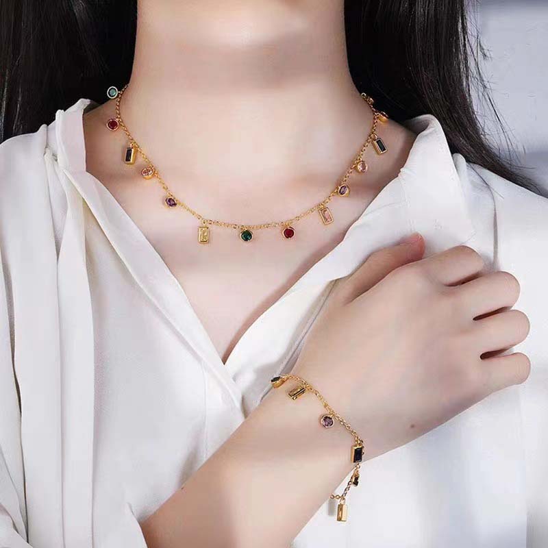 Stainless Steel Colorful Zircon Square Pendant Necklace For Women Fashion Crystal Geometric Neck Chain Zircon Gift