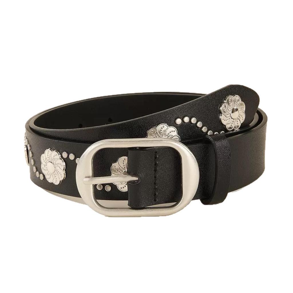 Korean-Style Leather Belt with Metal Flower Decor—Elegant Waist-Cinched Accessory for Women