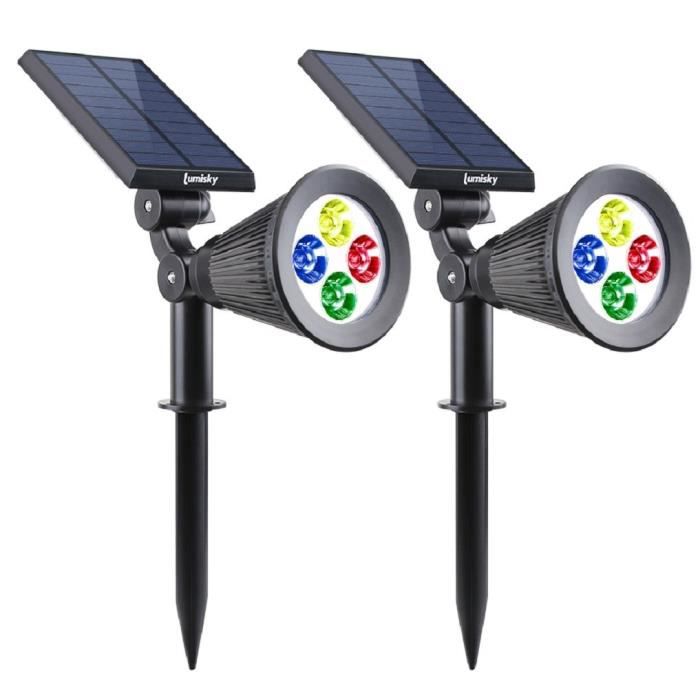 2er-Pack wasserdichte Solarstrahler für den Außenbereich – LUMISKY – 4 RGB-farbige LEDs – 200 Lumen – 90° drehbarer Kopf