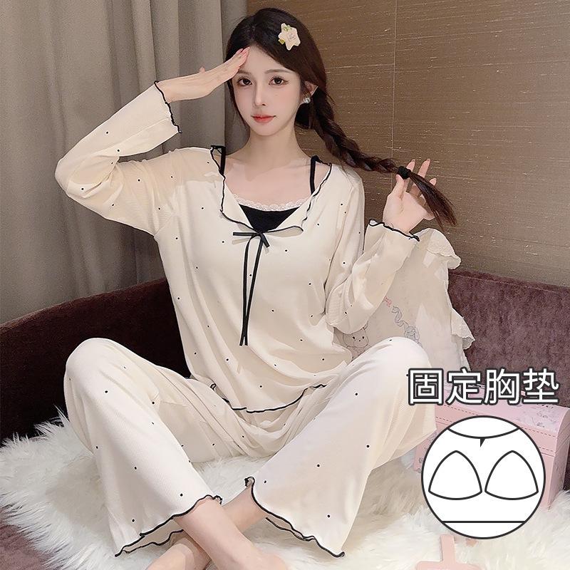 

Spring and summer ladies pure desire wind polka dot printing pajamas human cotton modal fake two pieces with chest pads loungewear set M