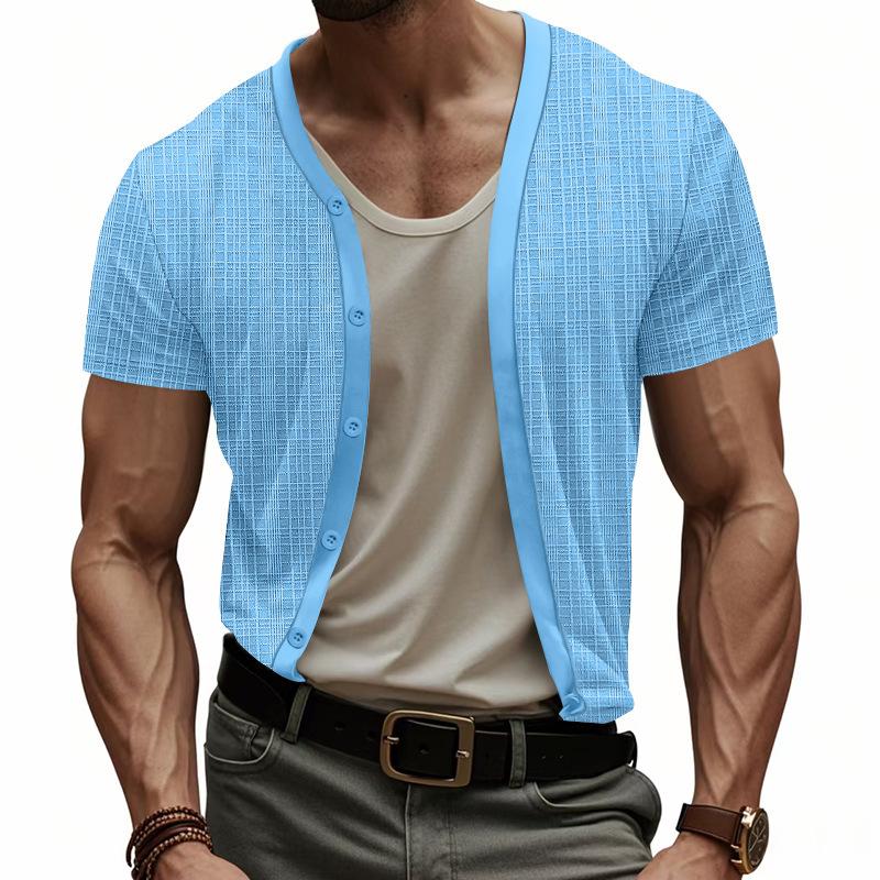 Imitation Mazhujun Summer Men's Casual Breathable Button V-neck Cardigan Short Sleeve Comfort T-shirt