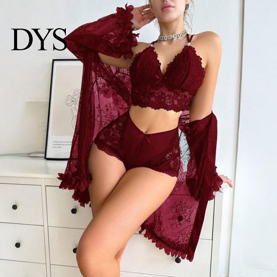 See Through Sleepwear Sexy Mesh Set, Women Lace Kimono Robe with Sheer Bra & Panty, Three Piece Nightgown for Ladies Nightwear