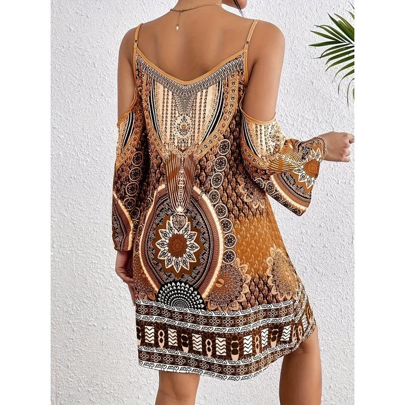 European & American Ethnic Geometric Off-Shoulder Long-Sleeve Dress - In Stock 2025